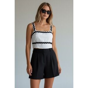 Japna Size Large White Black Ric Rac Trim Smocked Crop Top Tank Summer